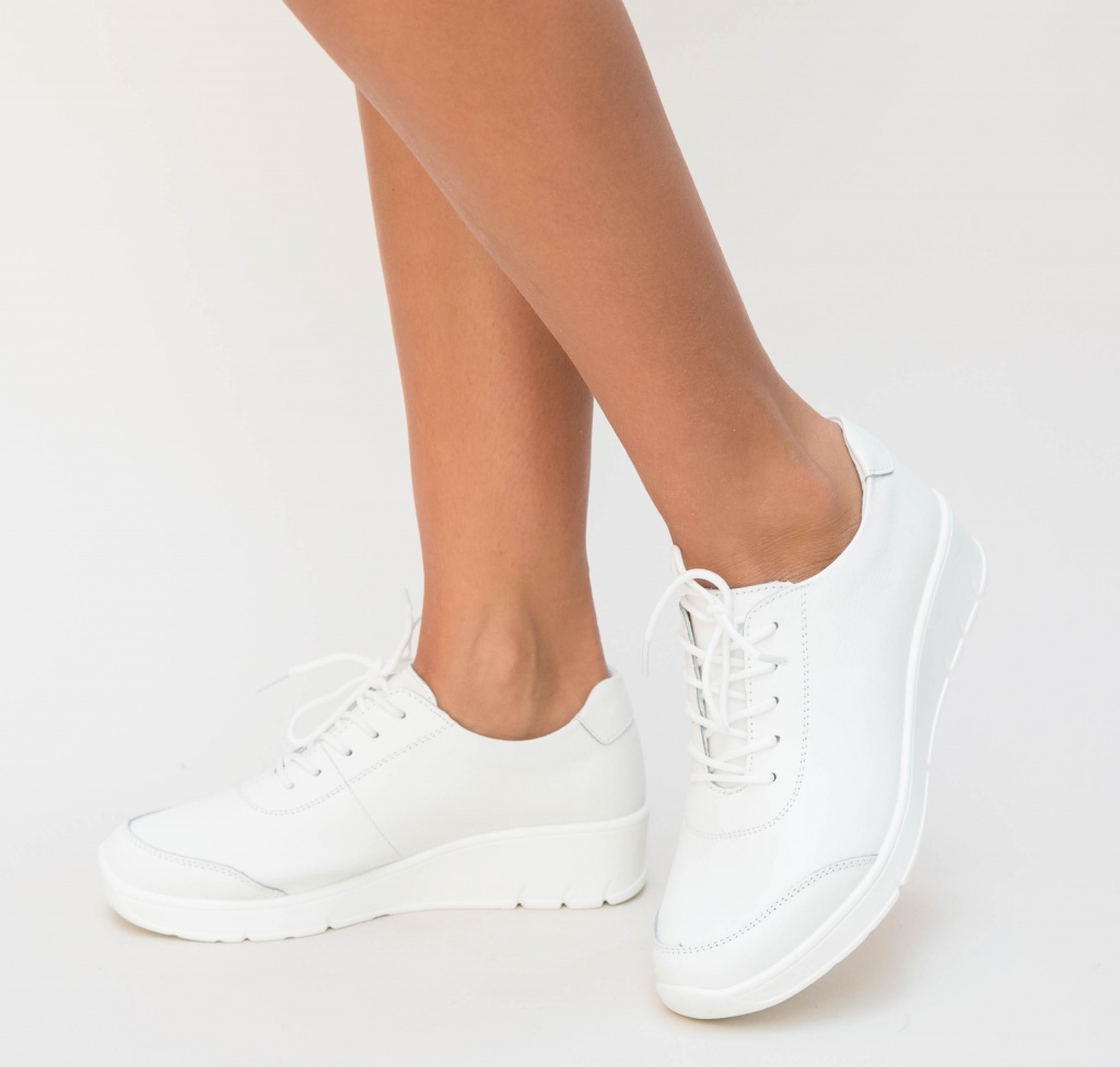 Pantofi dama albi ieftini casual din piele naturala de calitate cu sireturi Cimiso
