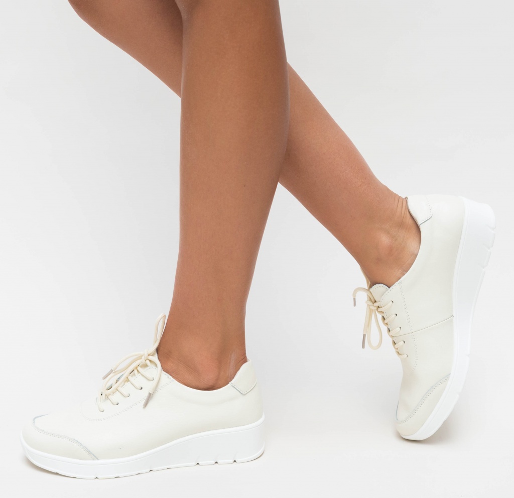 Pantofi dama bej ieftini casual din piele naturala de calitate cu sireturi Cimiso