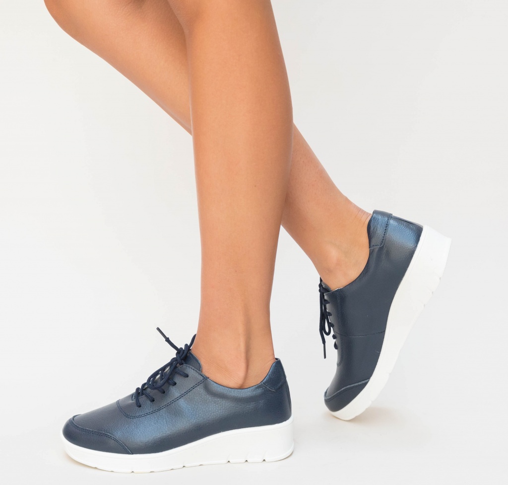 Pantofi dama bleumarin ieftini casual din piele naturala de calitate cu sireturi Cimiso
