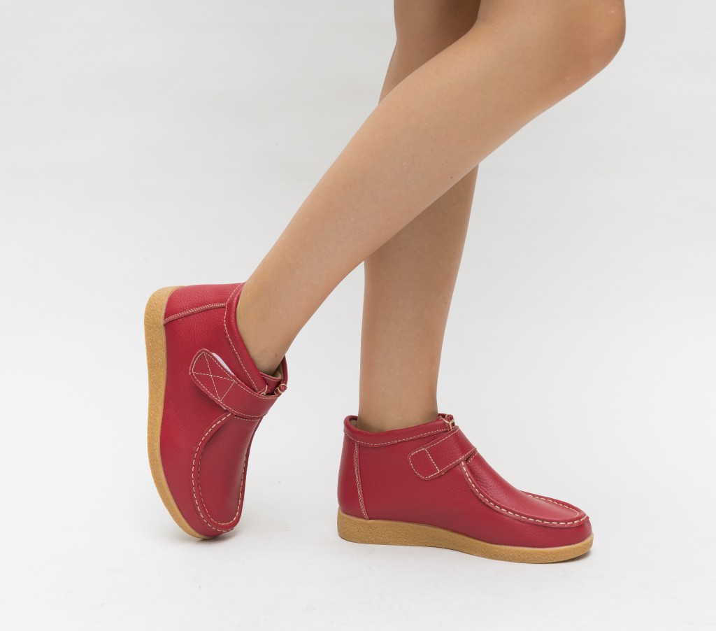 Pantofi dama casual rosii de toamna realizati din piele naturala cu inchidere cu scai Debir