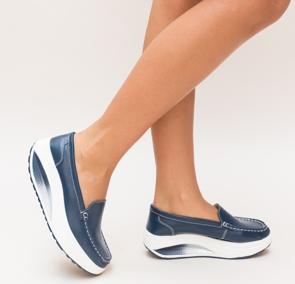 Pantofi albastri casual slip-on cu talpa inalta de 5cm confectionati din piele naturala de calitate Drigo