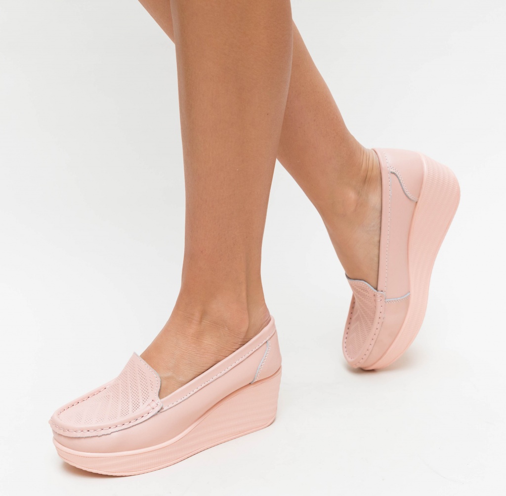Pantofi roz slip-on cu platforma inalta de 6cm confectionati din piele naturala Ely