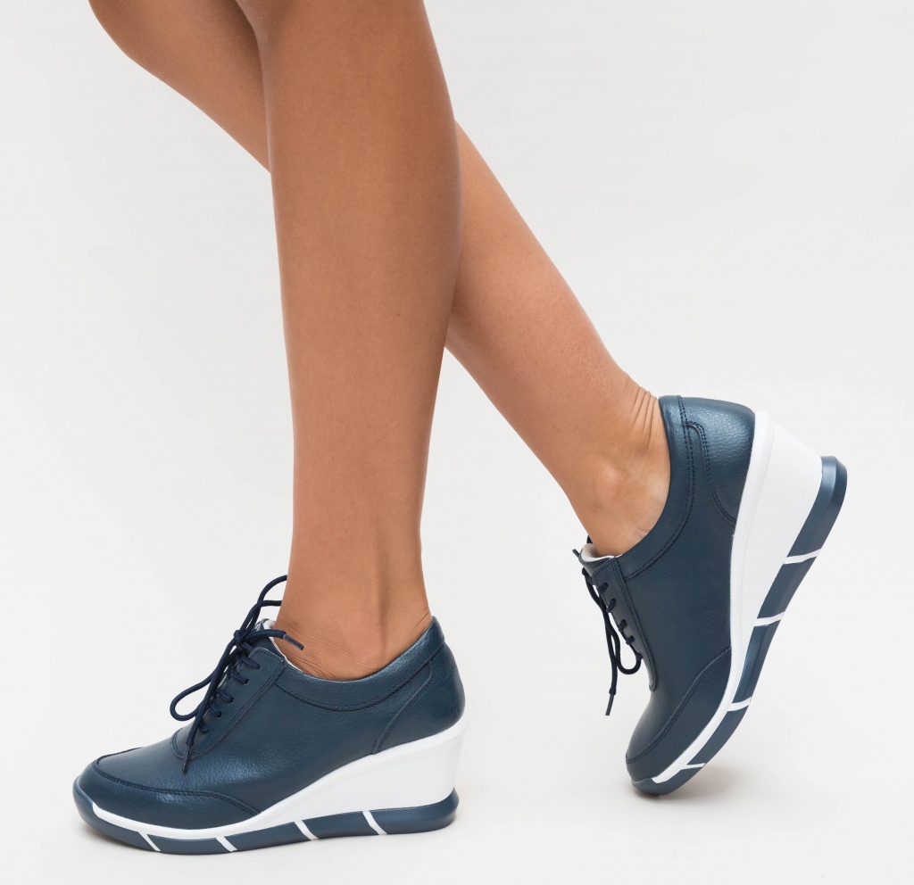 Pantofi bleumarin cu platforma inalta de 6cm realizati din piele naturala Ermisa