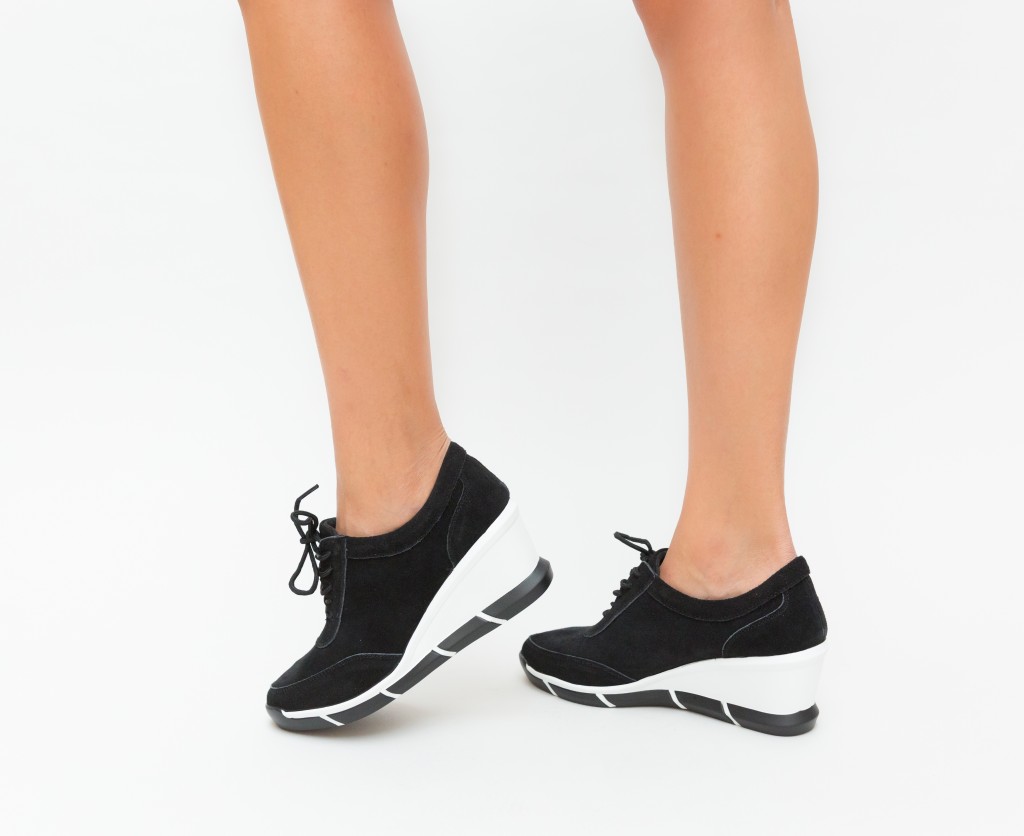 Pantofi negri cu platforma inalta de 6cm realizati din piele naturala Ermisa