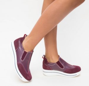 Pantofi dama bordo de tip slip on cu platforma ascunsa realizati din piele Forst