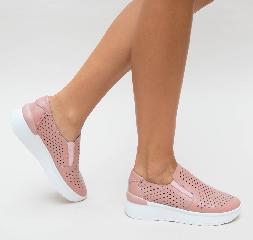 Pantofi dama roz casual de tip slip-on realizati din piele cu perforatii Gheri