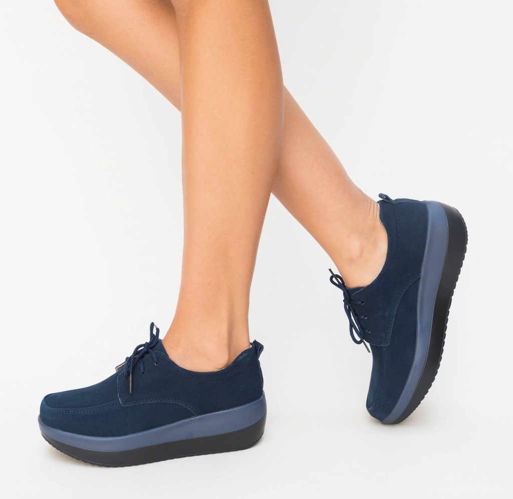 Pantofi de toamna casual albastri cu platforma inalta realizati din piele eco intoarsa Nana