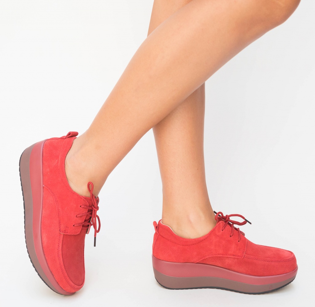 Pantofi de toamna casual rosii cu platforma inalta realizati din piele eco intoarsa Nana