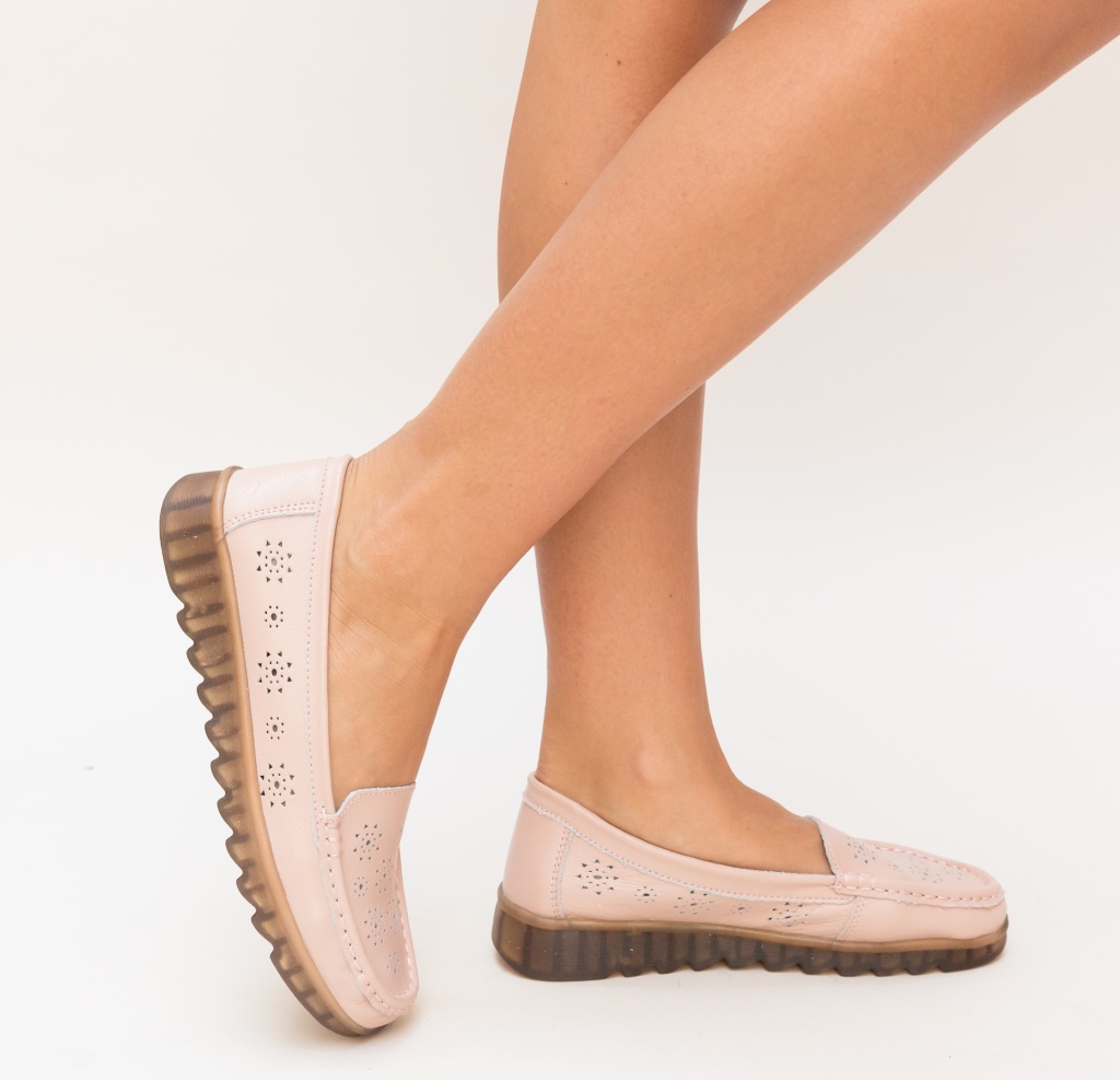 Pantofi dama roz slip-on casual realizati din piele naturala cu perforatii Omelo
