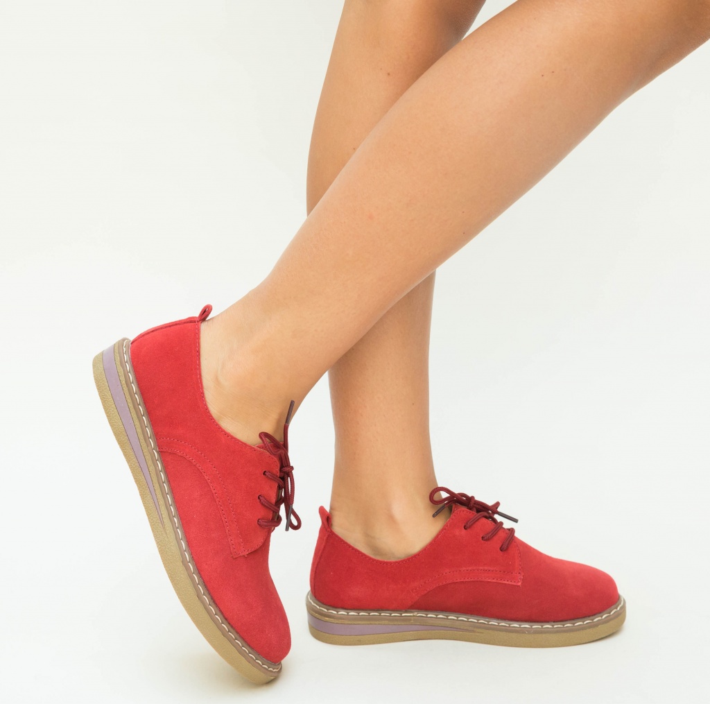 Pantofi rosii cu sireturi pentru office realizati din piele naturala intoarsa Romena