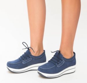 Pantofi casual bleumarin pentru femei prevazuti cu sireturi realizati din piele intoarsa Ronto
