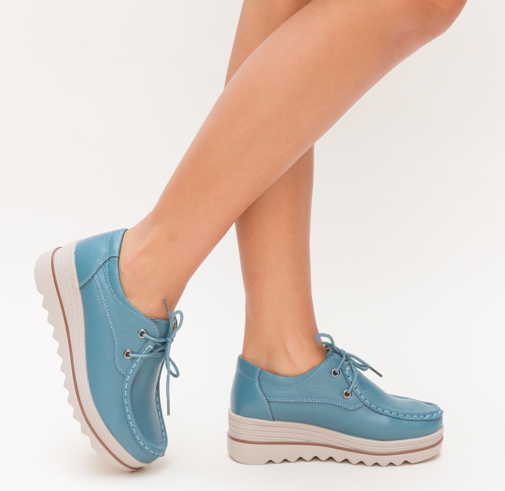 Pantofi bleu cu talpa groasa si platforma realizati din piele naturala cusuta Sagrio