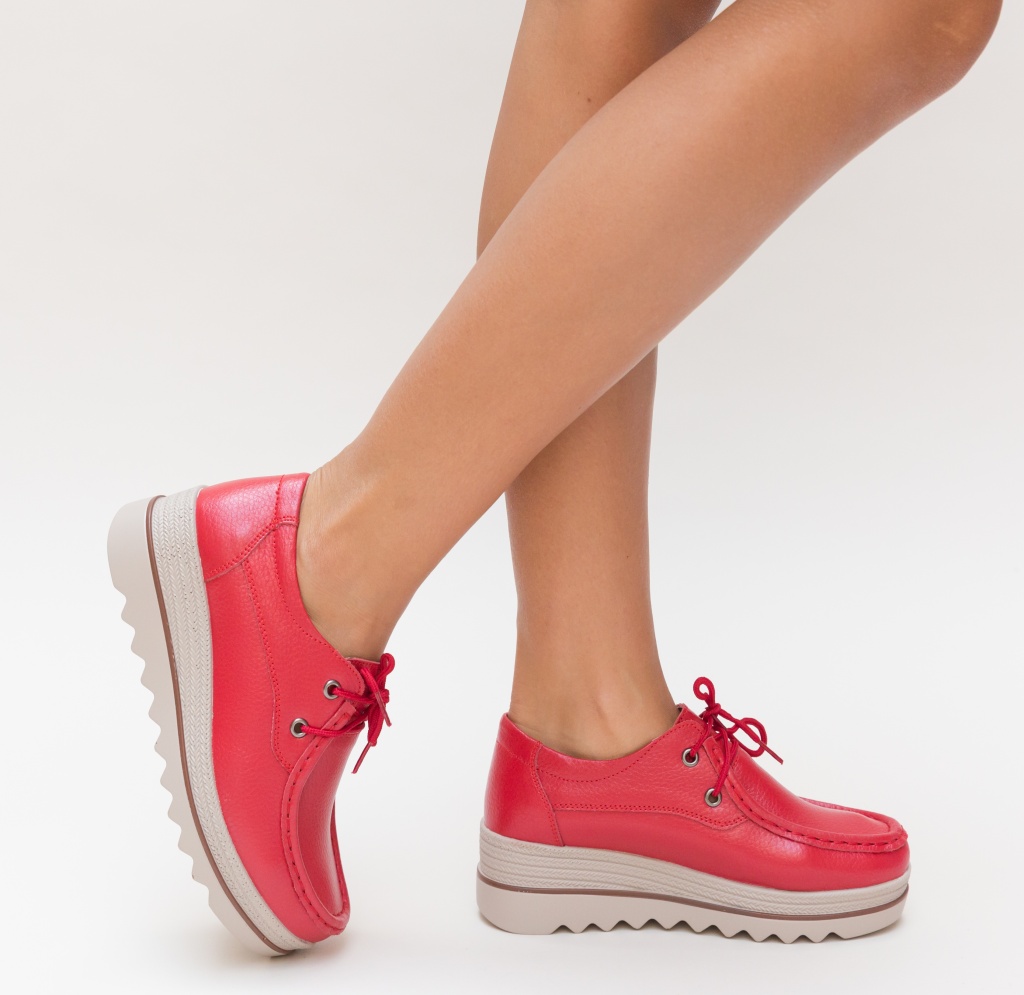 Pantofi rosii cu talpa groasa si platforma realizati din piele naturala cusuta Sagrio