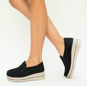 Pantofi negri slip-on casual din piele naturala cu aspect intors Smirno