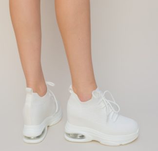 Pantofi dama albi sport la reducere realizati din material textil cu platforma inalta de 8cm Ades