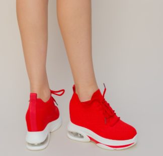 Pantofi dama rosii sport la reducere realizati din material textil cu platforma inalta de 8cm Ades