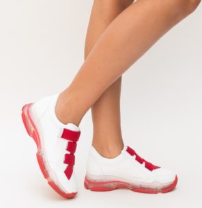 Pantofi sport de iarna albi cu accente rosii realizati din piele eco cu talpa groasa Arteo