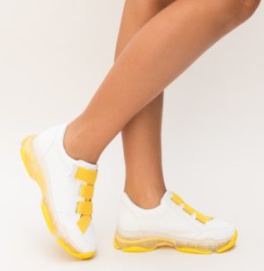 Pantofi sport de iarna albi cu accente galbene realizati din piele eco cu talpa groasa Arteo