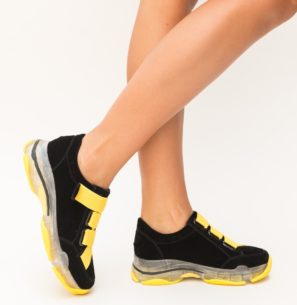Pantofi sport de iarna negri cu accente galbene realizati din piele eco cu talpa groasa Arteo