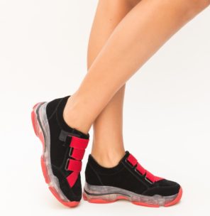 Pantofi sport de iarna negri cu accente rosii realizati din piele eco cu talpa groasa Arteo