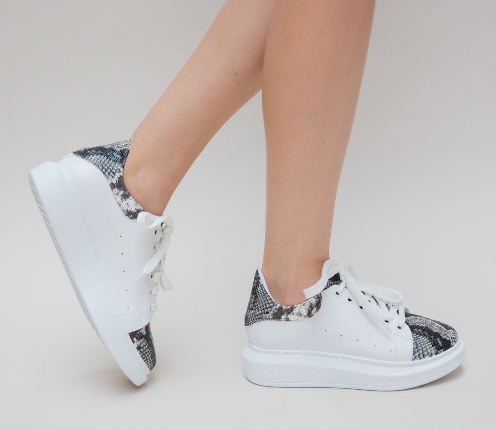 Pantofi comozi sport albi din piele ecologica de calitate prevazuti cu sireturi Barni