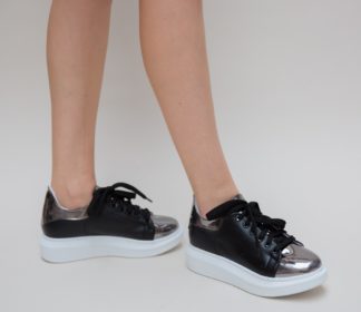 Pantofi comozi sport gri lucios din piele ecologica de calitate prevazuti cu sireturi Barni