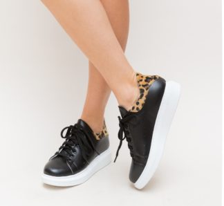 Pantofi comozi sport leopard din piele ecologica de calitate prevazuti cu sireturi Barni