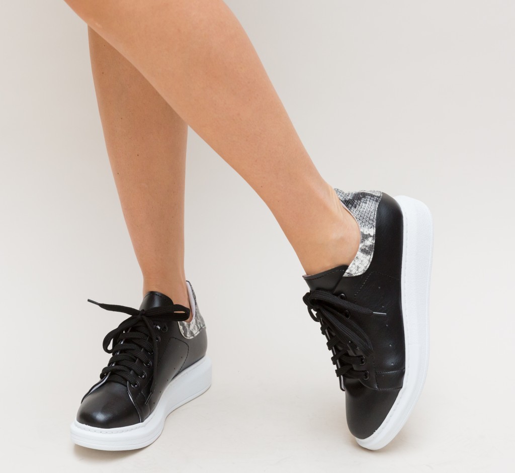 Pantofi comozi sport negri din piele ecologica de calitate prevazuti cu sireturi Barni