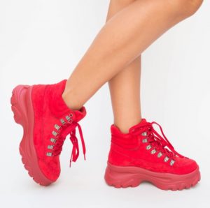 Pantofi sport rosii din piele eco intoarsa cu talpa groasa de 5cm Barni