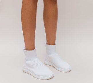 Pantofi sport ieftini slip-on albi din material textil elastic cu talpa de silicon Bimax