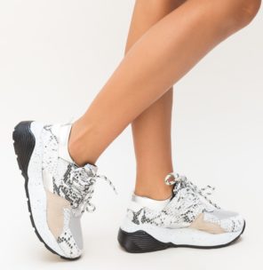 Pantofi sport de dama albi comozi prevazuti cu insertii de piele eco intoarsa Bran