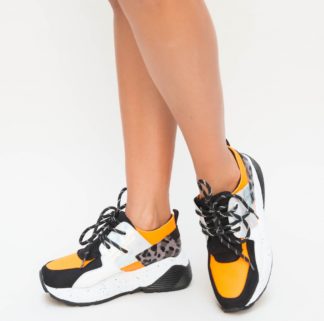 Pantofi sport de dama portocalii comozi prevazuti cu insertii de piele eco intoarsa Bran