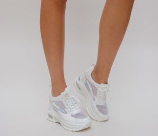 Pantofi comozi sport de dama ieftini la reducere albi cu platforma inalta de 9cm Dansy