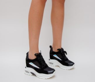 Pantofi comozi sport de dama ieftini la reducere negri cu platforma inalta de 9cm Dansy
