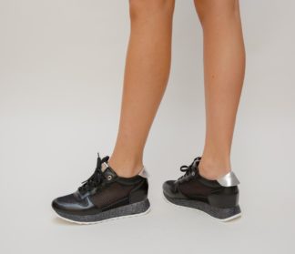 Pantofi sport negri ieftini la reducere din material textil si piele eco Dexter