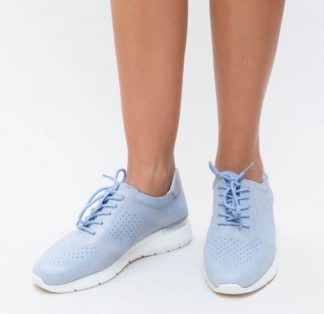 Pantofi dama sport comozi albastri din piele naturala cu inchidere cu sireturi subtiri Dioda