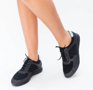 Pantofi dama sport comozi negri din piele naturala cu inchidere cu sireturi subtiri Dioda