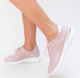 Pantofi dama sport comozi roz din piele naturala cu inchidere cu sireturi subtiri Dioda