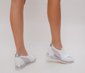 Pantofi dama albi sport ieftini de tip slip-on cu o usoara platforma Dory