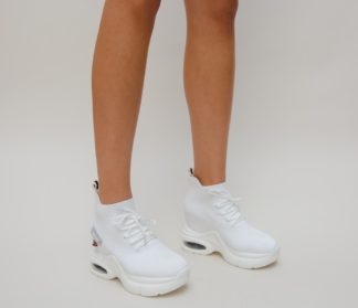 Sneakersi sport albi cu platforma ascunsa si inchidere cu sireturi Enys