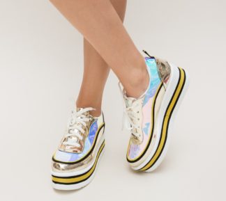 Pantofi dama ieftini sport aurii comozi cu platforma inalta de 5cm Gase