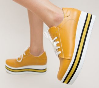 Pantofi sport galbeni comozi din piele eco usor lucioasa cu talpa dubla colorata Gasela