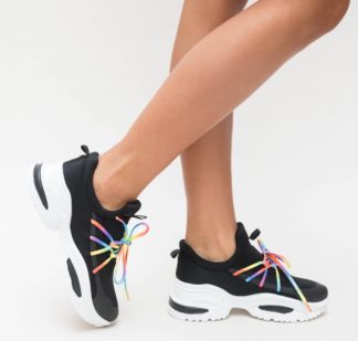 Adidasi sport negri pentru femei, prevazuti cu sireturi colorate Geco