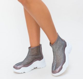 Pantofi dama gri sport inalti pe glezna realizati din material textil Hermas
