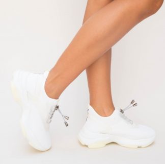 Pantofi dama albi sport ieftini realizati din material textil elastic cu sireturi Kesde