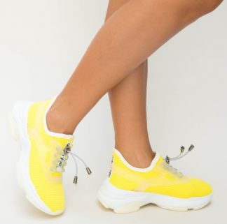Pantofi dama galbeni sport ieftini realizati din material textil elastic cu sireturi Kesde