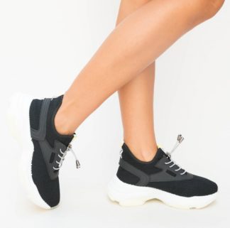 Pantofi dama negri sport ieftini realizati din material textil elastic cu sireturi Kesde