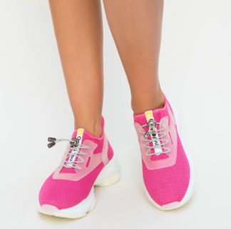 Pantofi dama roz fucsia sport ieftini realizati din material textil elastic cu sireturi Kesde