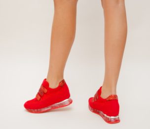 Adidasi dama rosii sport ieftini la reducere cu talpa groasa Kingo