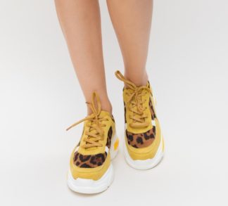 Pantofi ieftini sport galbeni cu aplicatii de imprimeu leopard Mexica